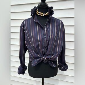 Navy Striped Button-Front Tie Blouse